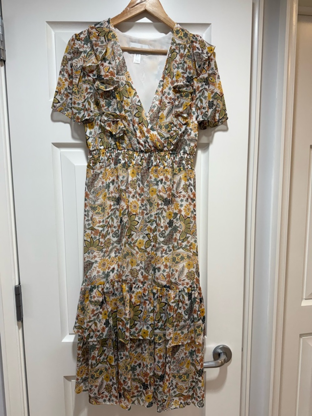 Donna Morgan Yellow and Green Floral Ruffle Midi Dress